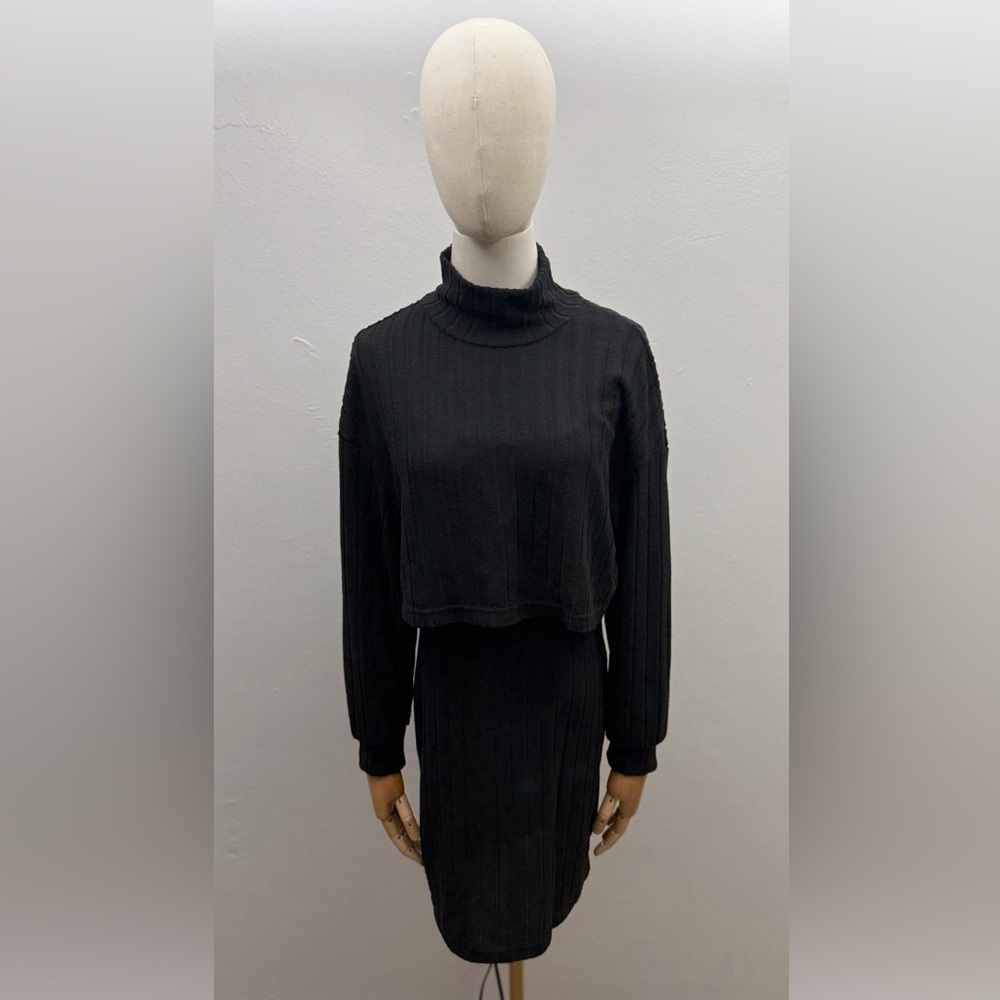 SHEIN Black Ribbed 2-Piece Dress Set Cropped Long Sleeve Top & Slip Dress Size S